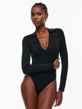 Babaton Aritzia Contour Polo Long-Sleeve V-Neck Collared Bodysuit